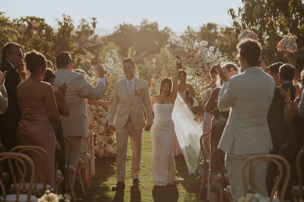 Bride and groom exit wedding ceremony at Flora Farms Los Cabos