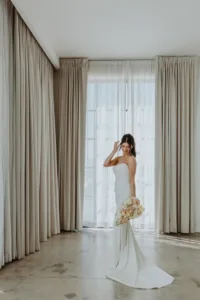 Bridal portrait with wedding gown and bouquet