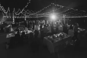 Black and white photo of a wedding reception at Four Seasons Los Cabos
