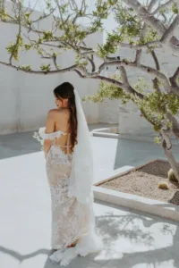 Bride shows her wedding gown from the back