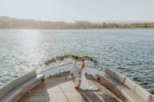 Bride and groom dancing on their yacht wedding